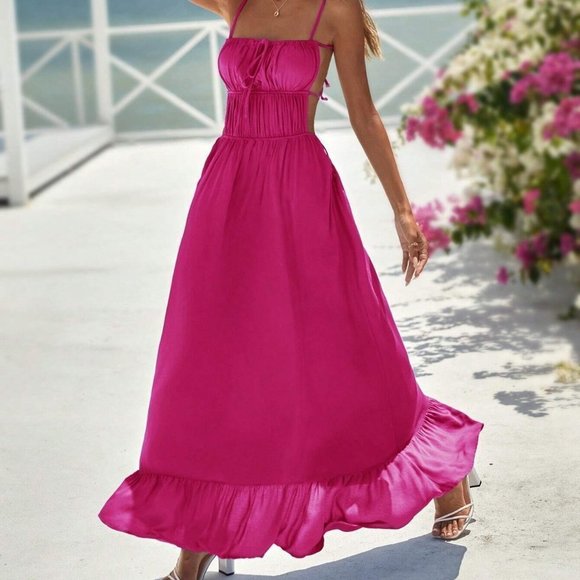 MODA ME COUTURE Dresses & Skirts - Pink Tie Front Ruffle Hem Cami Maxi Dress